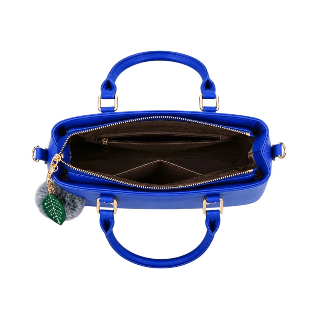 Pinat Premium Blue Leather Handbag with Pom Charm