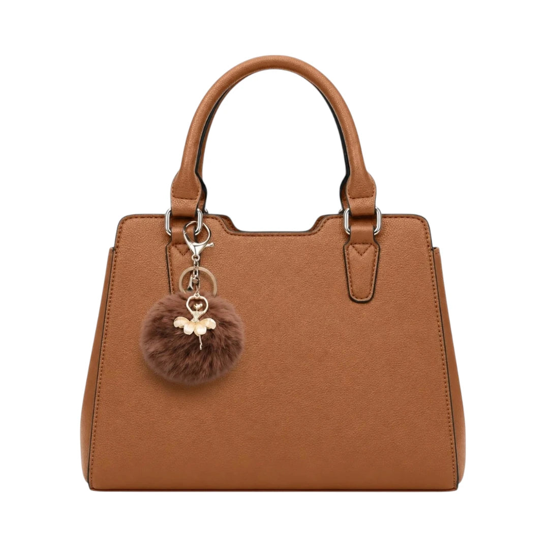 Pinat Premium Brown Leather Handbag with Pom Charm