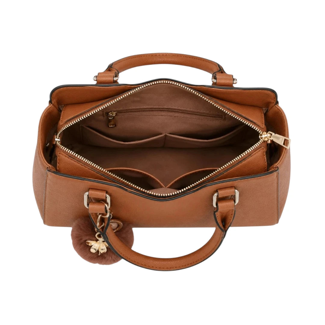 Pinat Premium Brown Leather Handbag with Pom Charm