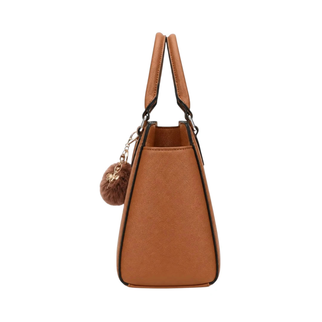 Pinat Premium Brown Leather Handbag with Pom Charm